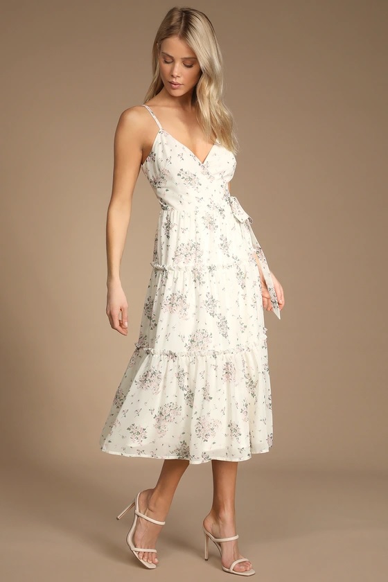 Got The Bloom Ivory Floral Print Tiered Midi Wrap Dress Colourful Spring Dresses