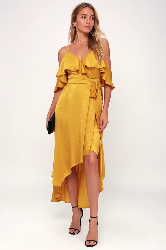 Layla Mustard Yellow Satin Off-the-Shoulder Wrap Dress Colourful Spring Dresses